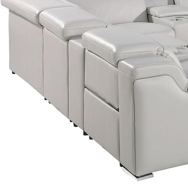 HomeRoots Light Gray Italian Leather U-Shaped Power Reclining Sectional with Console & USB Charging Ports 632552