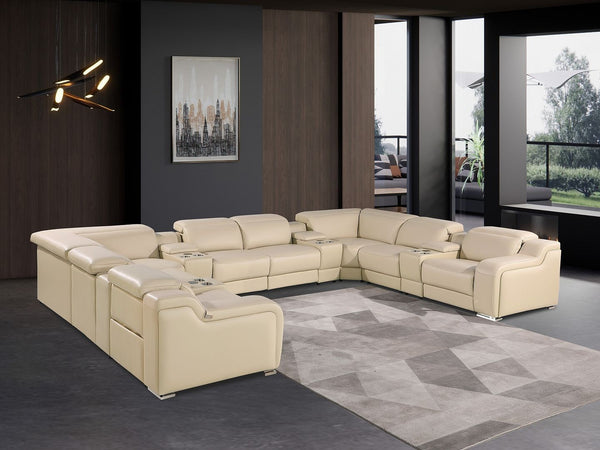 HomeRoots Beige Italian Leather U-Shaped Power Reclining Sectional Sofa with Console for Ultimate Comfort & Style 632553