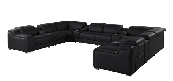 HomeRoots Black Italian Leather Power Reclining U-Shaped Sectional Sofa with Console & USB - Luxe Comfort! 632554