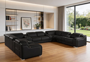 HomeRoots Black Italian Leather Power Reclining U-Shaped Sectional Sofa with Console & USB - Luxe Comfort! 632554