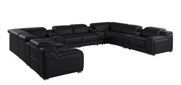 HomeRoots Black Italian Leather Power Reclining U-Shaped Sectional Sofa with Console & USB - Luxe Comfort! 632554