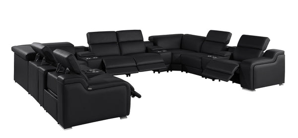 HomeRoots Black Italian Leather Power Reclining U-Shaped Sectional Sofa with Console & USB - Luxe Comfort! 632554