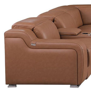 HomeRoots Chestnut Italian Leather U-Shaped Sectional with Power Recline & Console, Seats 10 Comfortably 632555