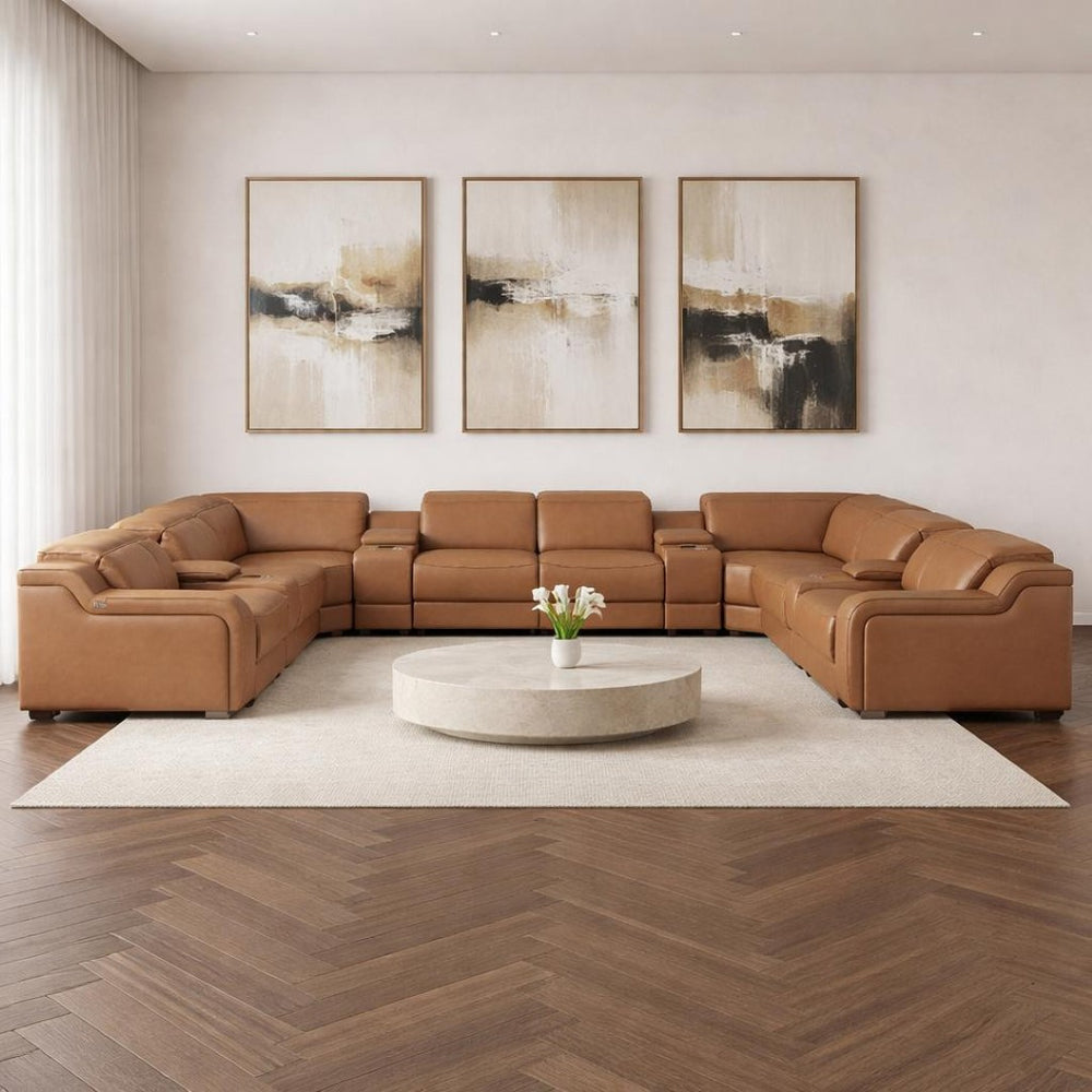 HomeRoots Chestnut Italian Leather U-Shaped Sectional with Power Recline & Console, Seats 10 Comfortably 632555