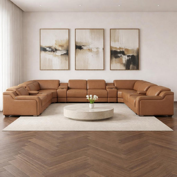 HomeRoots Chestnut Italian Leather U-Shaped Sectional with Power Recline & Console, Seats 10 Comfortably 632555