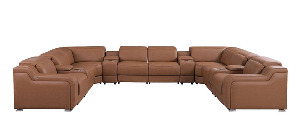 HomeRoots Chestnut Italian Leather U-Shaped Sectional with Power Recline & Console, Seats 10 Comfortably 632555