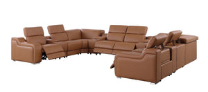 HomeRoots Chestnut Italian Leather U-Shaped Sectional with Power Recline & Console, Seats 10 Comfortably 632555