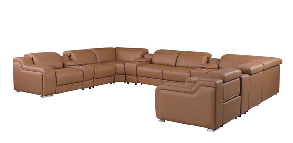 HomeRoots Chestnut Italian Leather U-Shaped Sectional with Power Recline & Console, Seats 10 Comfortably 632555