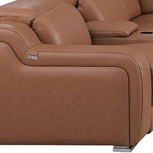 HomeRoots Chestnut Italian Leather U-Shaped Sectional with Power Recline & Console, Seats 10 Comfortably 632555