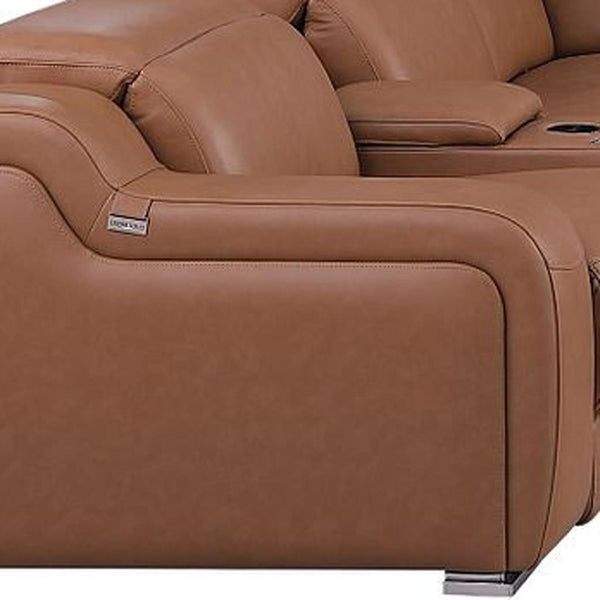 HomeRoots Chestnut Italian Leather U-Shaped Sectional with Power Recline & Console, Seats 10 Comfortably 632555
