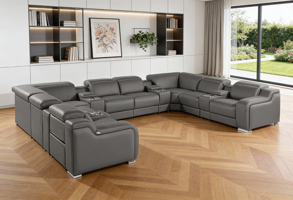 HomeRoots Dark Gray Italian Leather Power Reclining U-Shaped Sectional with Console, USB Chargers & Comfort 632556