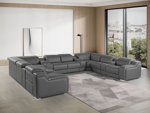 HomeRoots Dark Gray Italian Leather Power Reclining U-Shaped Sectional with Console, USB Chargers & Comfort 632556