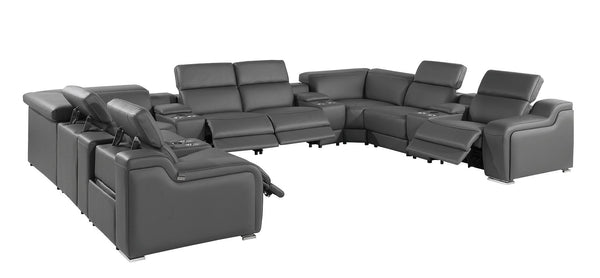 HomeRoots Dark Gray Italian Leather Power Reclining U-Shaped Sectional with Console, USB Chargers & Comfort 632556