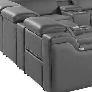 HomeRoots Dark Gray Italian Leather Power Reclining U-Shaped Sectional with Console, USB Chargers & Comfort 632556