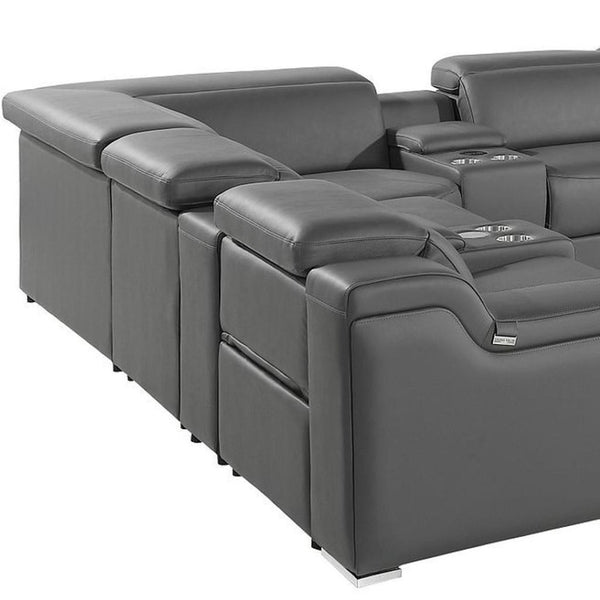 HomeRoots Dark Gray Italian Leather Power Reclining U-Shaped Sectional with Console, USB Chargers & Comfort 632556