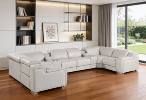 HomeRoots Light Gray Italian Leather Power Reclining U-Shaped Sectional with Console for Ultimate Comfort & Style 632559