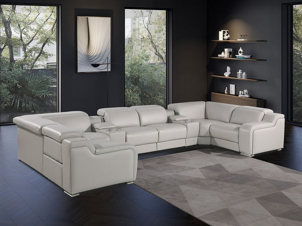 HomeRoots Light Gray Italian Leather Power Reclining U-Shaped Sectional with Console for Ultimate Comfort & Style 632559