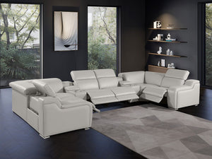 HomeRoots Light Gray Italian Leather Power Reclining U-Shaped Sectional with Console for Ultimate Comfort & Style 632559