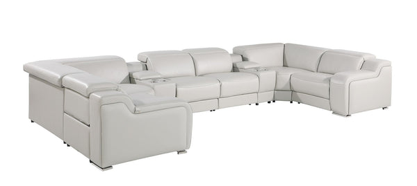 HomeRoots Light Gray Italian Leather Power Reclining U-Shaped Sectional with Console for Ultimate Comfort & Style 632559