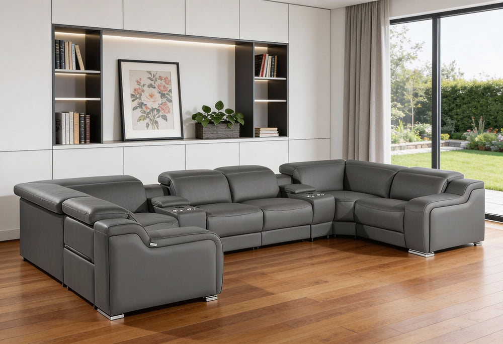 HomeRoots Dark Gray Italian Leather U-Shaped Power Reclining Sectional with Console for Ultimate Comfort 632560