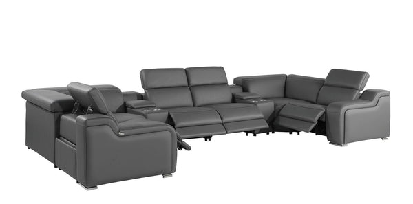 HomeRoots Dark Gray Italian Leather U-Shaped Power Reclining Sectional with Console for Ultimate Comfort 632560