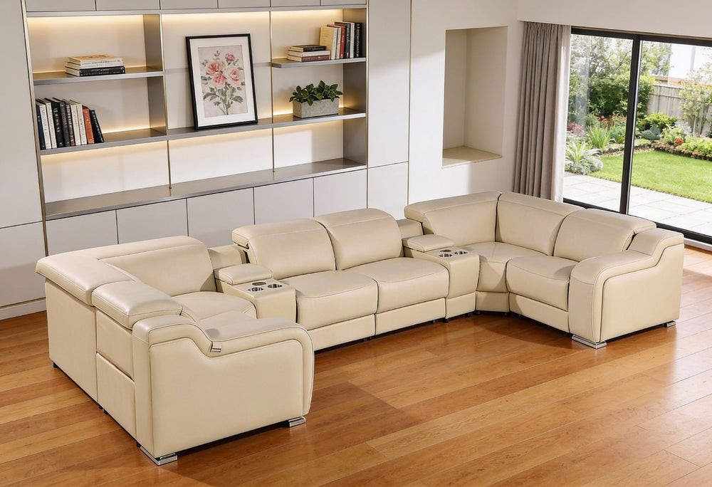 HomeRoots Beige Italian Leather Power Reclining U-Shaped Sectional with Console, USB Charging & Comfort Features 632561