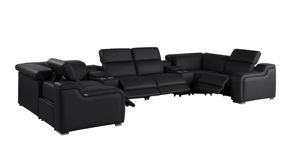 HomeRoots Italian Leather Power Reclining U-shaped Sectional Eight Seat Corner Sofa with Storage Console Black 174" W x 39" H x 85" D 632562