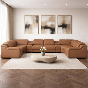 Chestnut Italian Leather Power Reclining Eight Piece U Shaped Sectional with Console