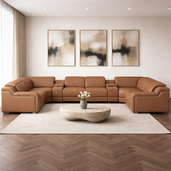 Chestnut Italian Leather Power Reclining Eight Piece U Shaped Sectional with Console