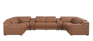 HomeRoots Chestnut Italian Leather Power Reclining Eight Piece U Shaped Sectional with Console 632563