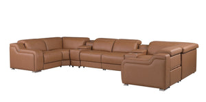 Chestnut Italian Leather Power Reclining Eight Piece U Shaped Sectional with Console