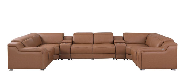 Chestnut Italian Leather Power Reclining Eight Piece U Shaped Sectional with Console