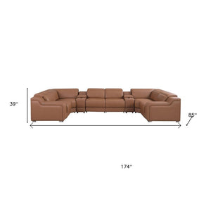 Chestnut Italian Leather Power Reclining Eight Piece U Shaped Sectional with Console
