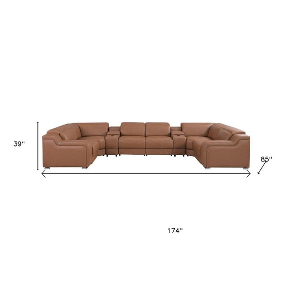 Chestnut Italian Leather Power Reclining Eight Piece U Shaped Sectional with Console