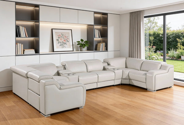 HomeRoots Light Gray Italian Leather Power Reclining U-Shaped Sectional with Console for Modern Living Spaces 632566