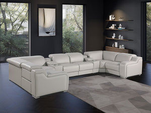 HomeRoots Light Gray Italian Leather Power Reclining U-Shaped Sectional with Console for Modern Living Spaces 632566