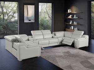 HomeRoots Light Gray Italian Leather Power Reclining U-Shaped Sectional with Console for Modern Living Spaces 632566