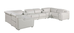 HomeRoots Light Gray Italian Leather Power Reclining U-Shaped Sectional with Console for Modern Living Spaces 632566