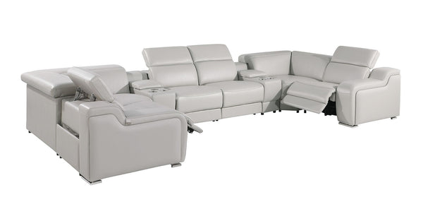 HomeRoots Light Gray Italian Leather Power Reclining U-Shaped Sectional with Console for Modern Living Spaces 632566