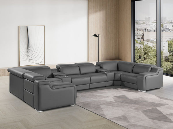 HomeRoots Dark Gray Italian Leather Power Reclining U-Shaped Sectional Sofa with Console for Modern Living Spaces 632567