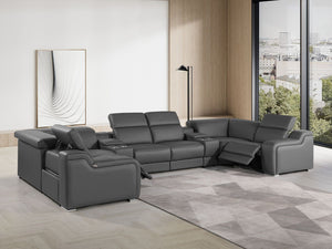 HomeRoots Dark Gray Italian Leather Power Reclining U-Shaped Sectional Sofa with Console for Modern Living Spaces 632567