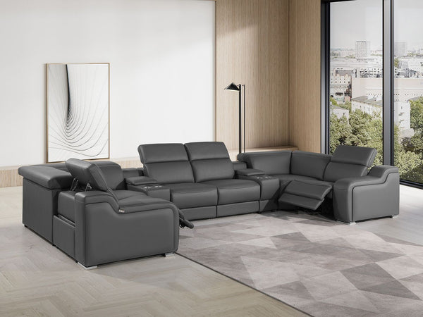 HomeRoots Dark Gray Italian Leather Power Reclining U-Shaped Sectional Sofa with Console for Modern Living Spaces 632567