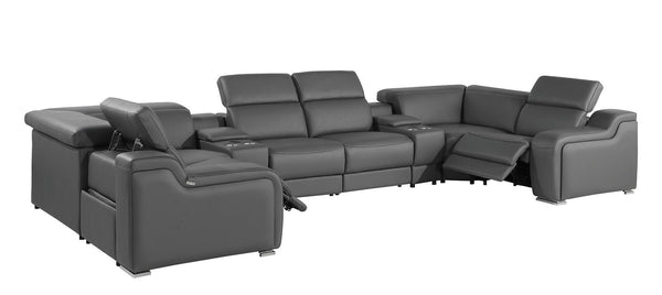 HomeRoots Dark Gray Italian Leather Power Reclining U-Shaped Sectional Sofa with Console for Modern Living Spaces 632567
