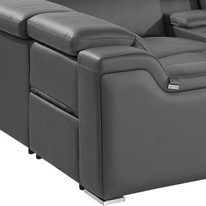 HomeRoots Dark Gray Italian Leather Power Reclining U-Shaped Sectional Sofa with Console for Modern Living Spaces 632567