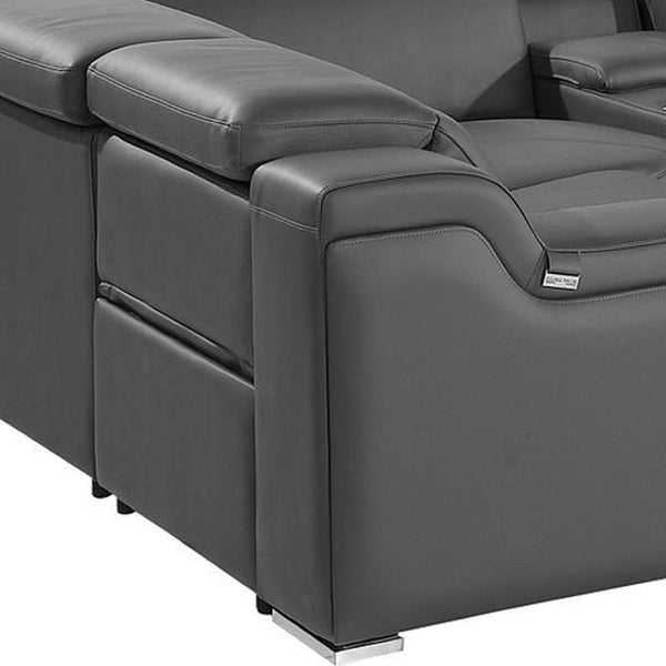 HomeRoots Dark Gray Italian Leather Power Reclining U-Shaped Sectional Sofa with Console for Modern Living Spaces 632567