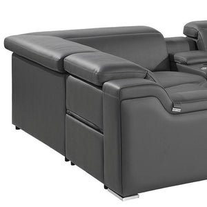 HomeRoots Dark Gray Italian Leather Power Reclining U-Shaped Sectional Sofa with Console for Modern Living Spaces 632567