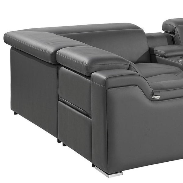 HomeRoots Dark Gray Italian Leather Power Reclining U-Shaped Sectional Sofa with Console for Modern Living Spaces 632567