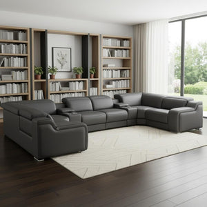 HomeRoots Dark Gray Italian Leather Power Reclining U-Shaped Sectional Sofa with Console for Modern Living Spaces 632567