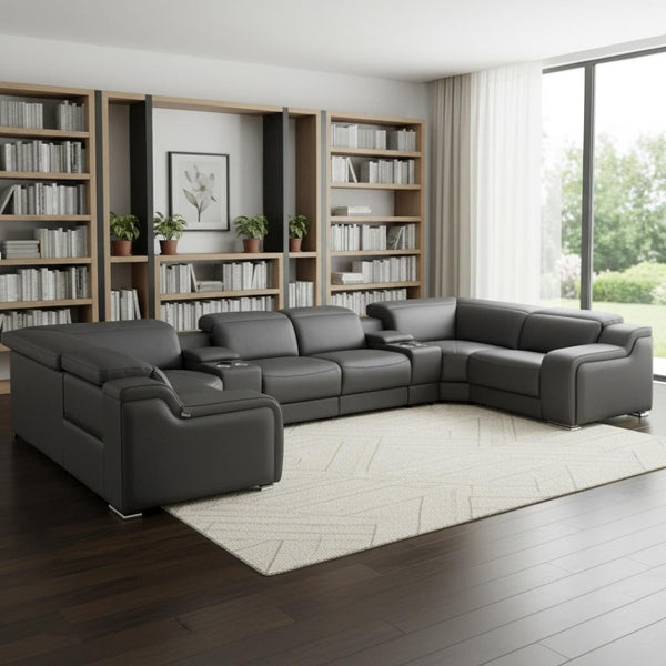 HomeRoots Dark Gray Italian Leather Power Reclining U-Shaped Sectional Sofa with Console for Modern Living Spaces 632567