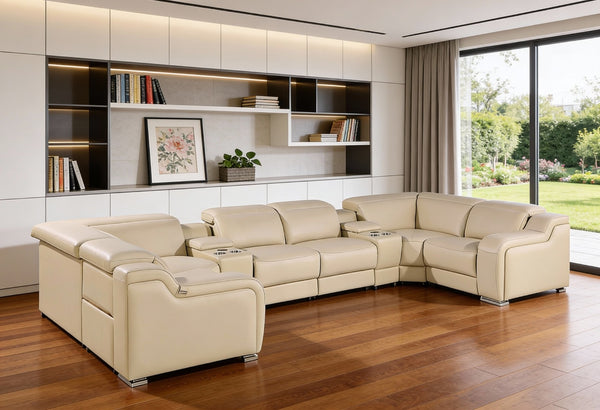 HomeRoots Beige Italian Leather U-Shaped Power Reclining Sectional with Console for Ultimate Comfort & Style 632568